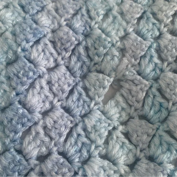 Baby Blanket Crochet Blue Lavender White Soft Blankie 46” x 33” Scalloped Edges - Picture 6 of 9